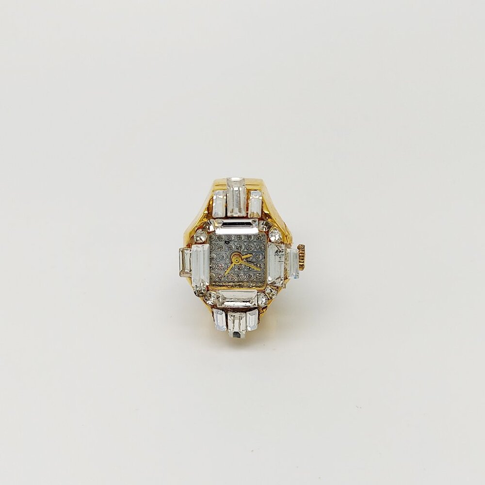 Vintage (crystal face) iced out gold tone ring watch by migi (Unsigned) works